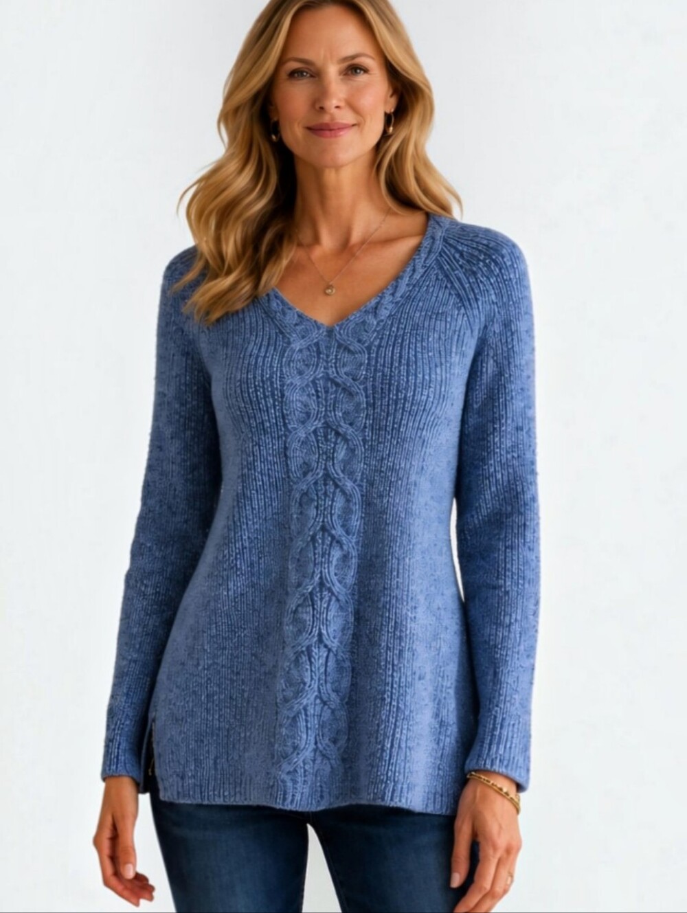 Talbots Blue Cable Knit V-Neck Sweater Side Zip Detail Size Large